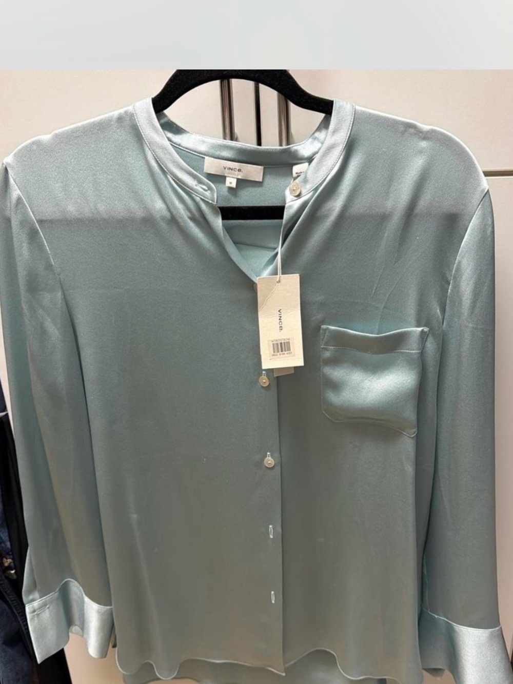 Vince Pale Aqua 100% Silk Mandarin-Collar Button-Up Shirt Size M